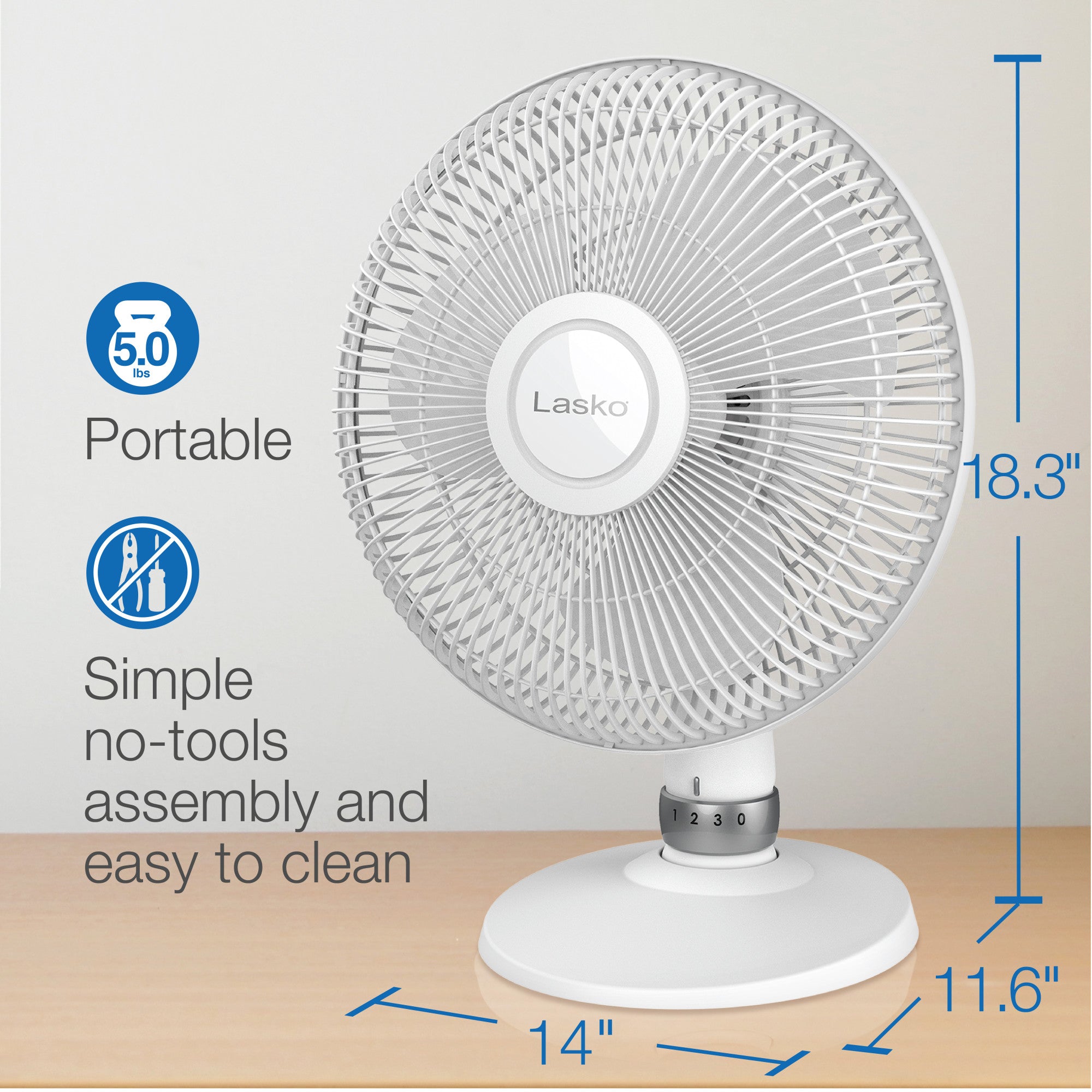 Lasko 12" Oscillating 3-Speed Personal Table Fan, D12225, White - Image 6