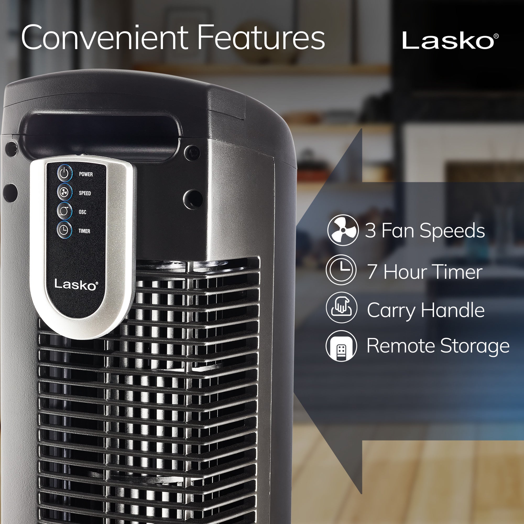 Lasko 36" 3-Speed Oscillating Tower Fan with Remote Control and Timer, 2511, Black - Image 5