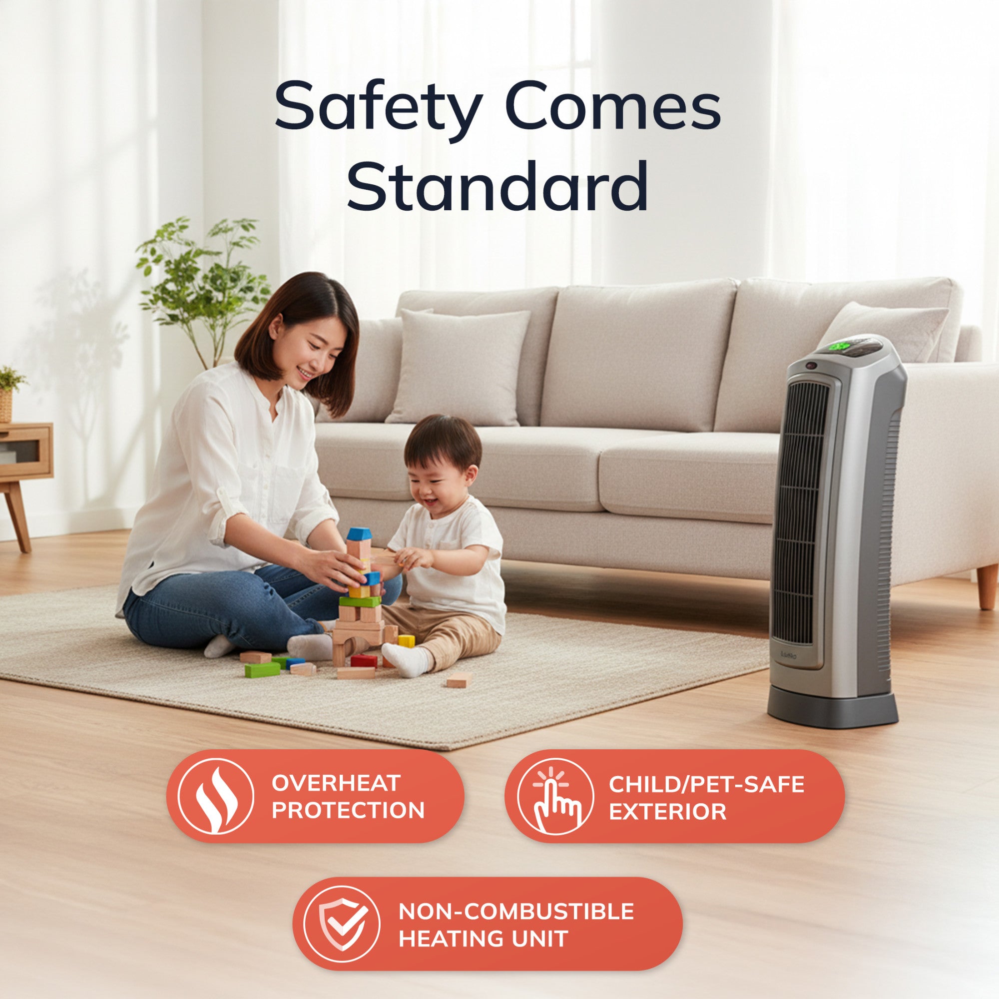 Lasko 1500W Electric Portable Oscillating Ceramic Space Heater Tower with Digital Display, 5538, Gray - Image 4