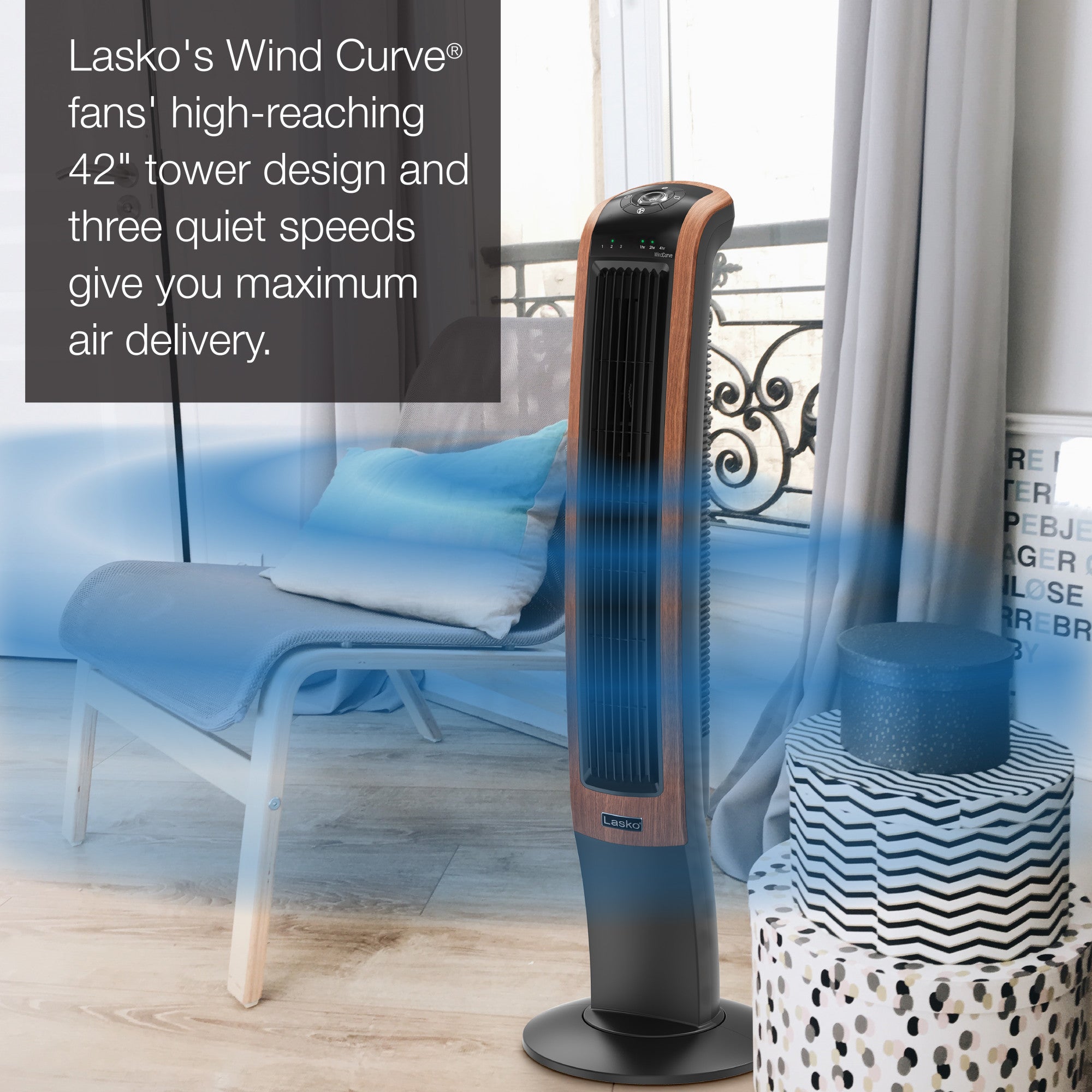 Lasko 42" Wind Curve 3-Speed Oscillating Tower Fan with Bluetooth® Technology, T42905, Woodgrain - Image 5