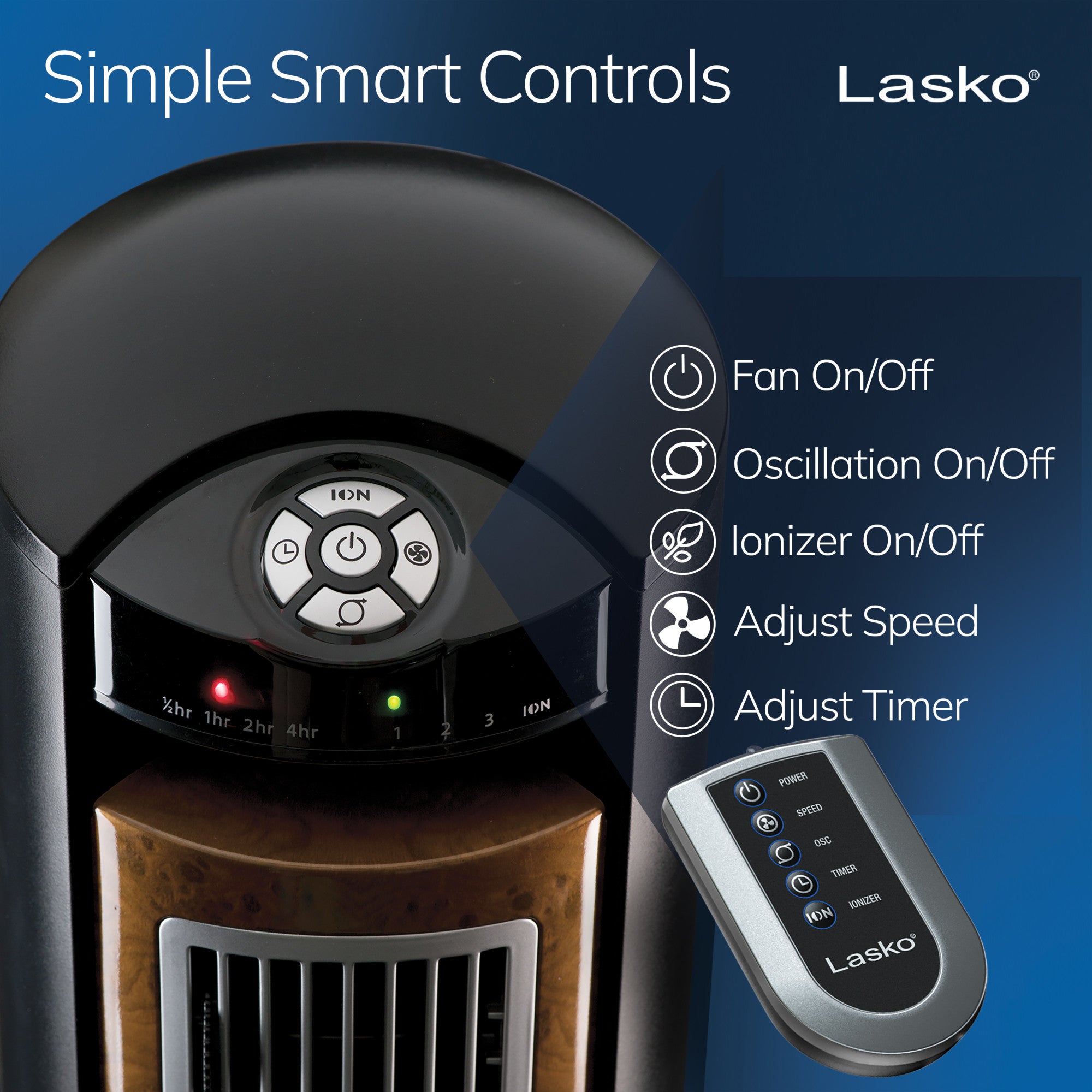 Lasko 42" Wind Curve 3-Speed Tower Fan with Fresh Air Ionizer and Remote, T42950, Black/Woodgrain - Image 3