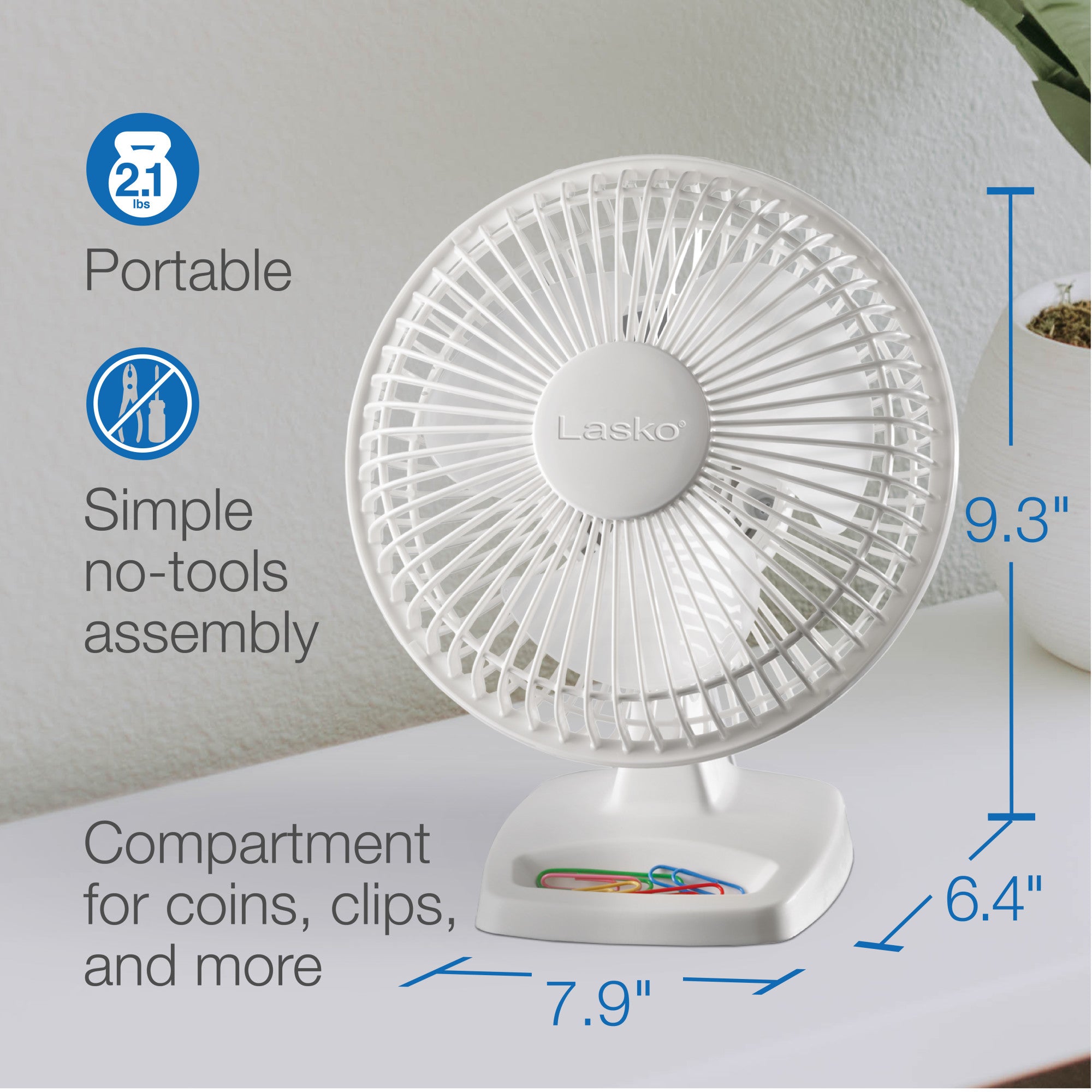 Lasko 6" 2-Speed Personal Table Fan with Storage Tray, 2002W, White - Image 6