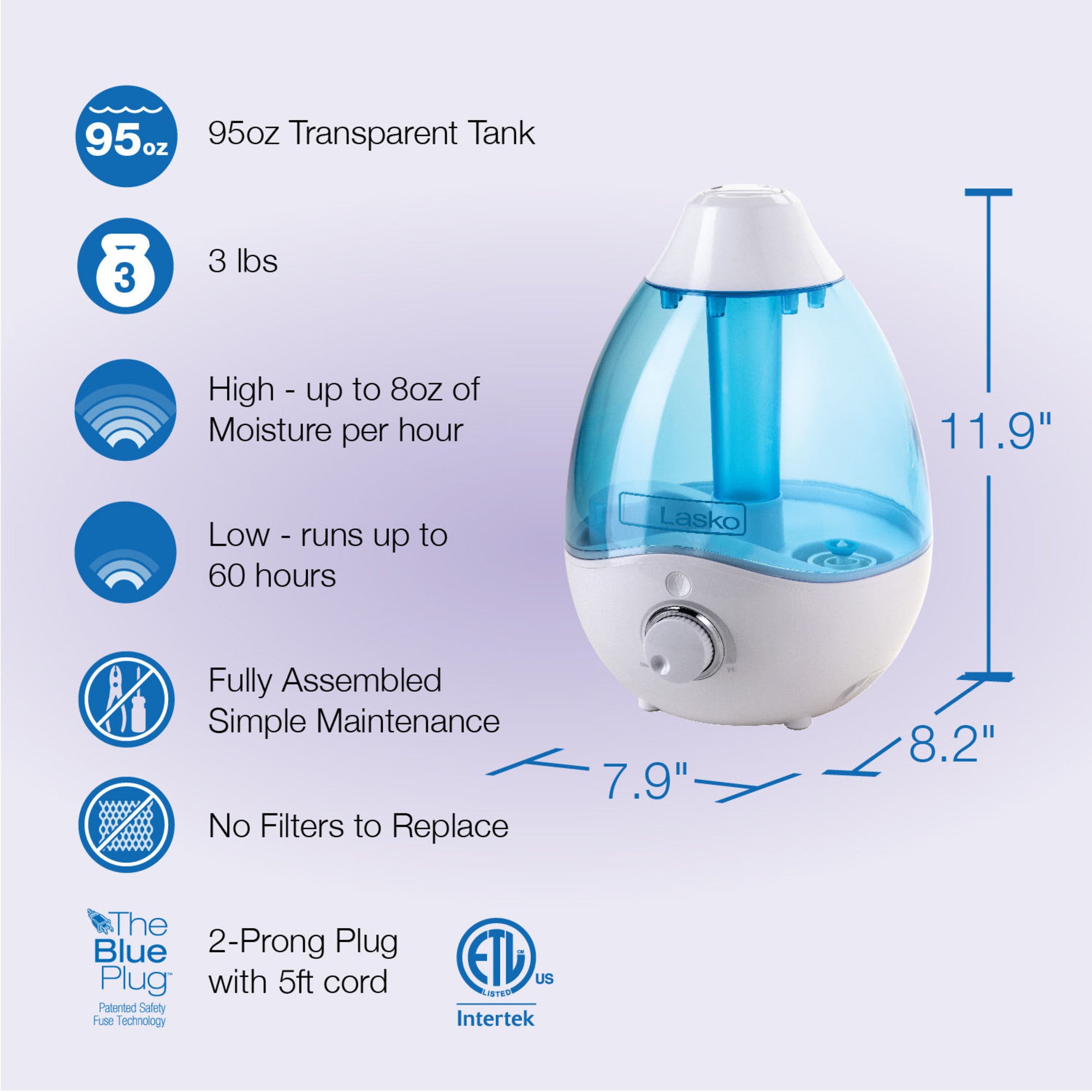 Lasko Ultrasonic Cool Mist Humidifier with Scent Tray and Nightlight, UH200, White and Blue - Image 6