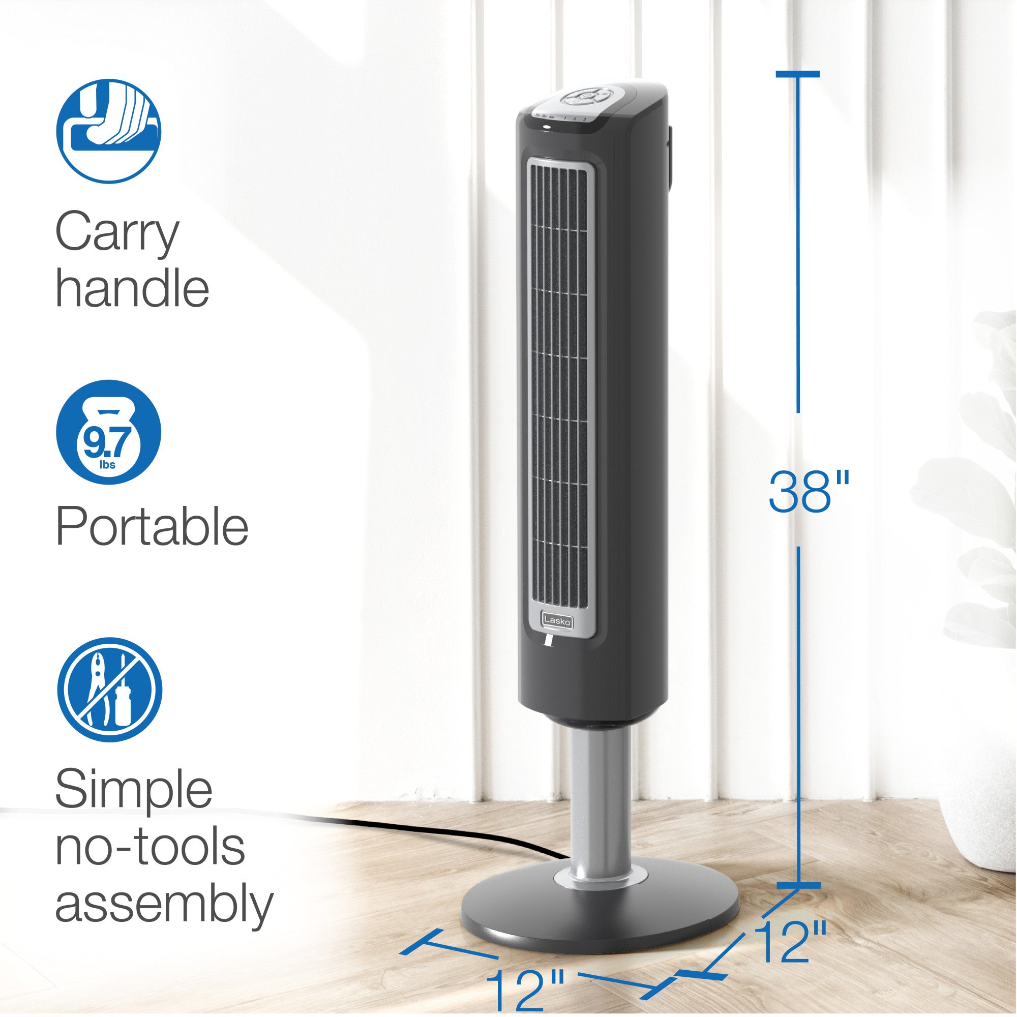 Lasko 38" Wind Tower 3-Speed Oscillating Tower Fan with Remote and Timer, 2519, Gray - Image 6