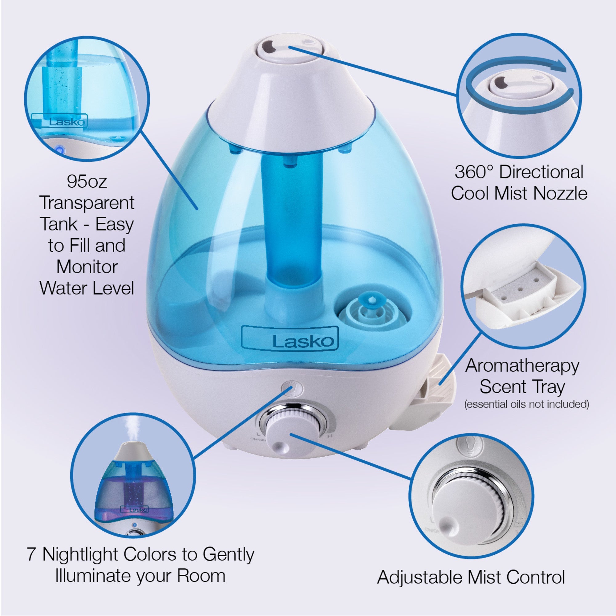 Lasko Ultrasonic Cool Mist Humidifier with Scent Tray and Nightlight, UH200, White and Blue - Image 2