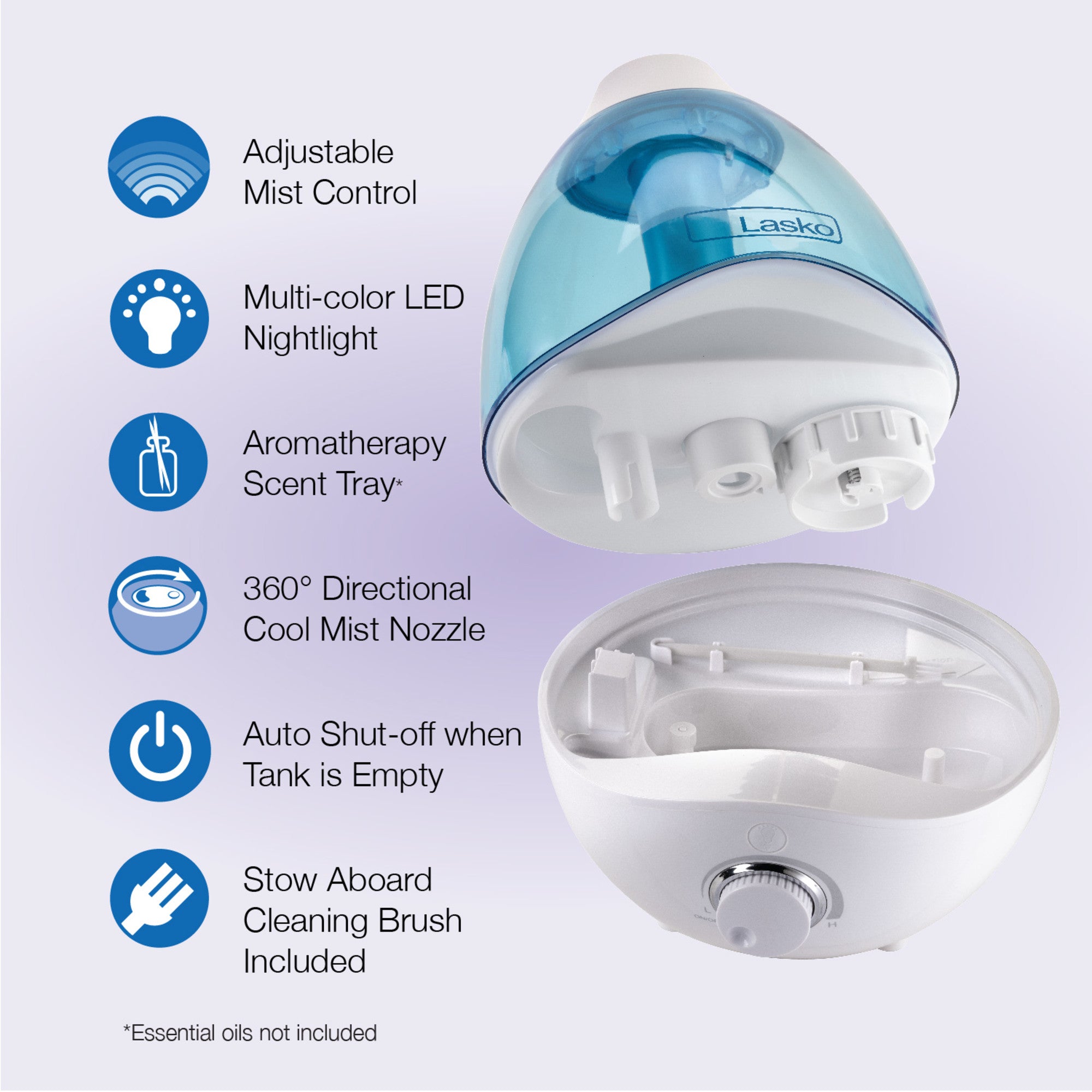 Lasko Ultrasonic Cool Mist Humidifier with Scent Tray and Nightlight, UH200, White and Blue - Image 3