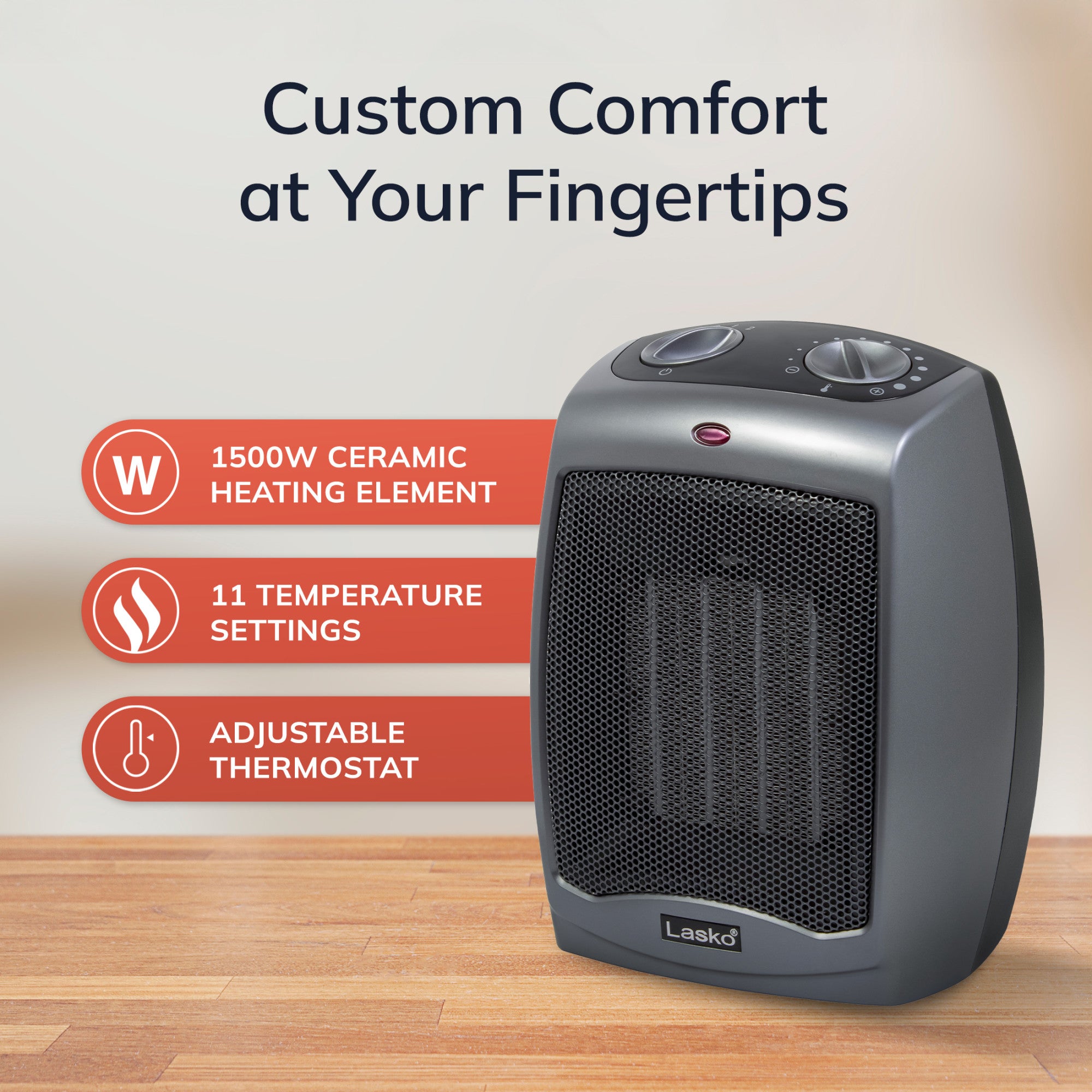Lasko 1500W 2-Speed Ceramic Space Heater with Tip-Over Safety Switch, 754201, Gray - Image 6