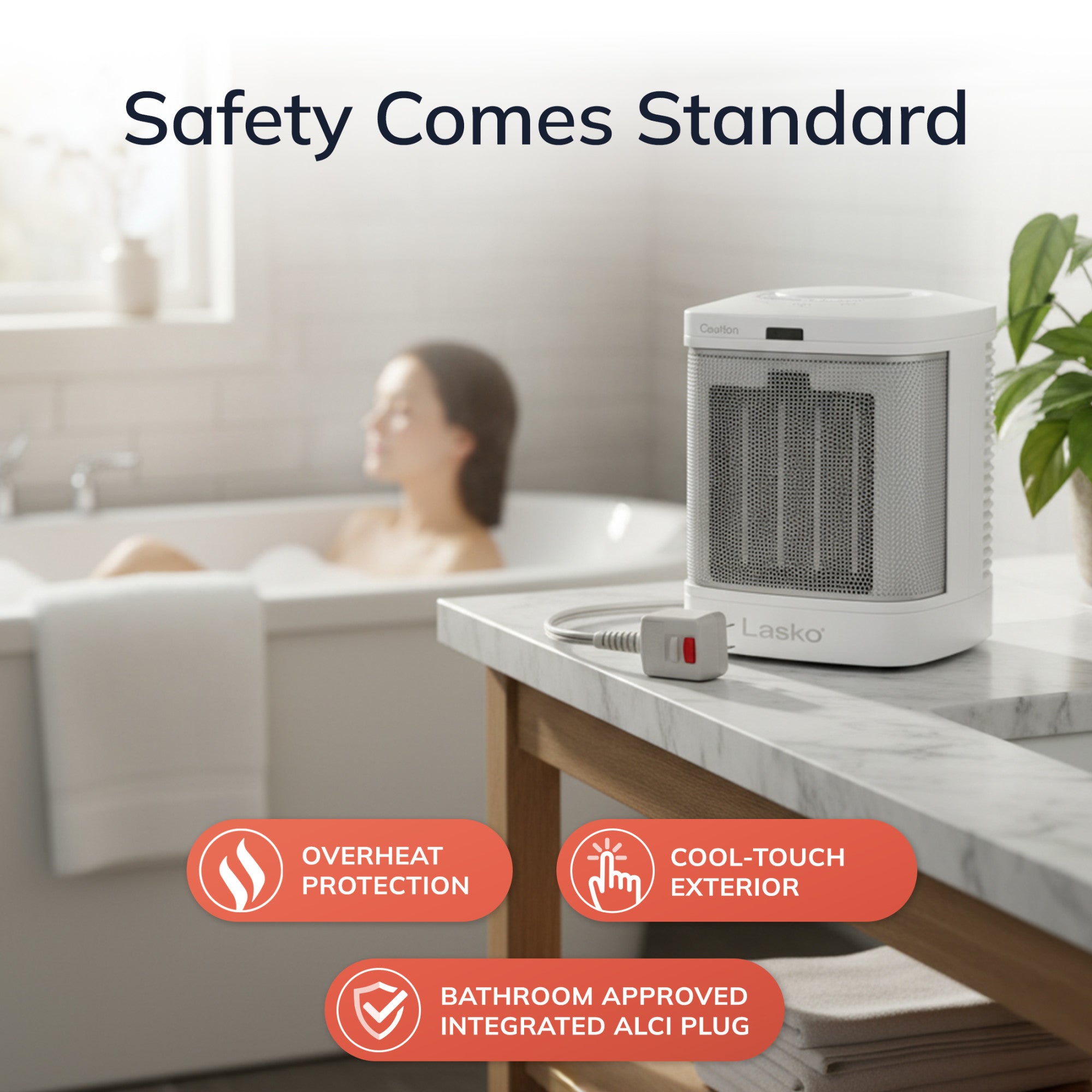 Lasko 1500W Bathroom Space Heater with ALCI Safety Plug and Timer, CD08200, White - Image 3