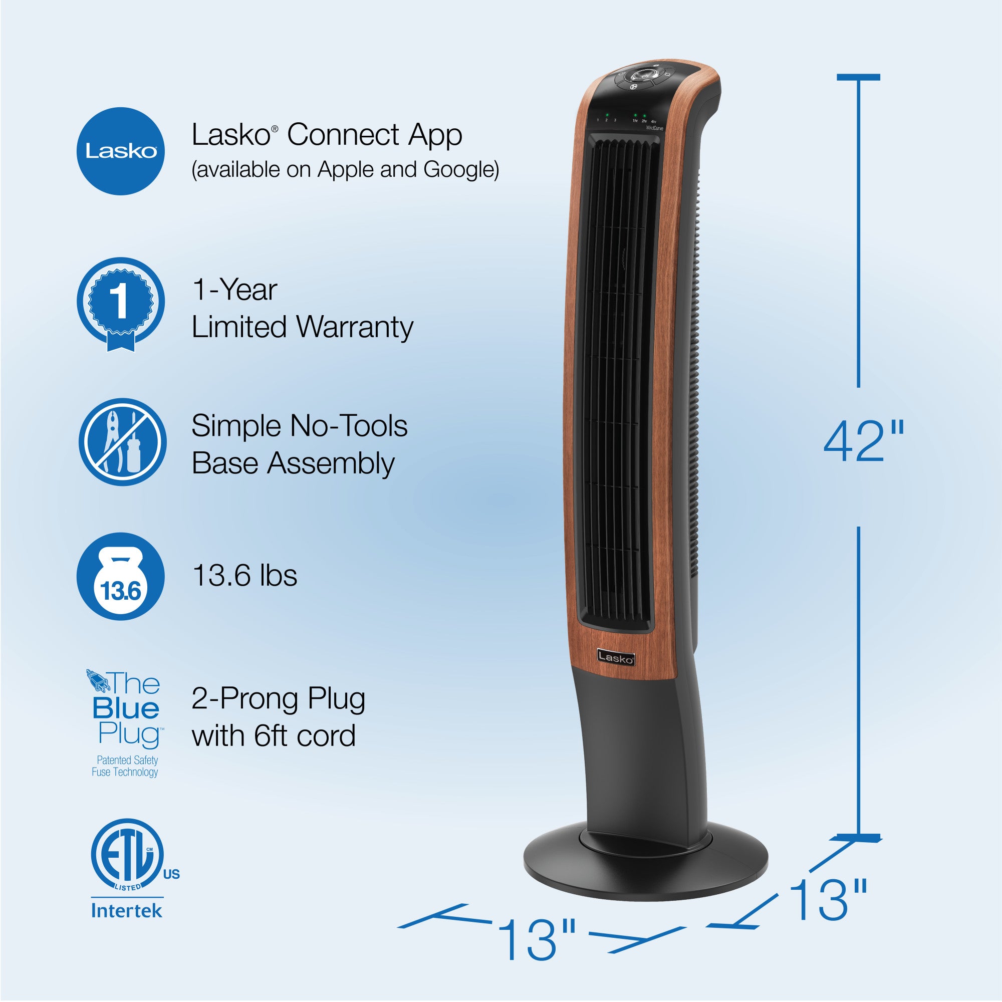 Lasko 42" Wind Curve 3-Speed Oscillating Tower Fan with Bluetooth® Technology, T42905, Woodgrain - Image 6