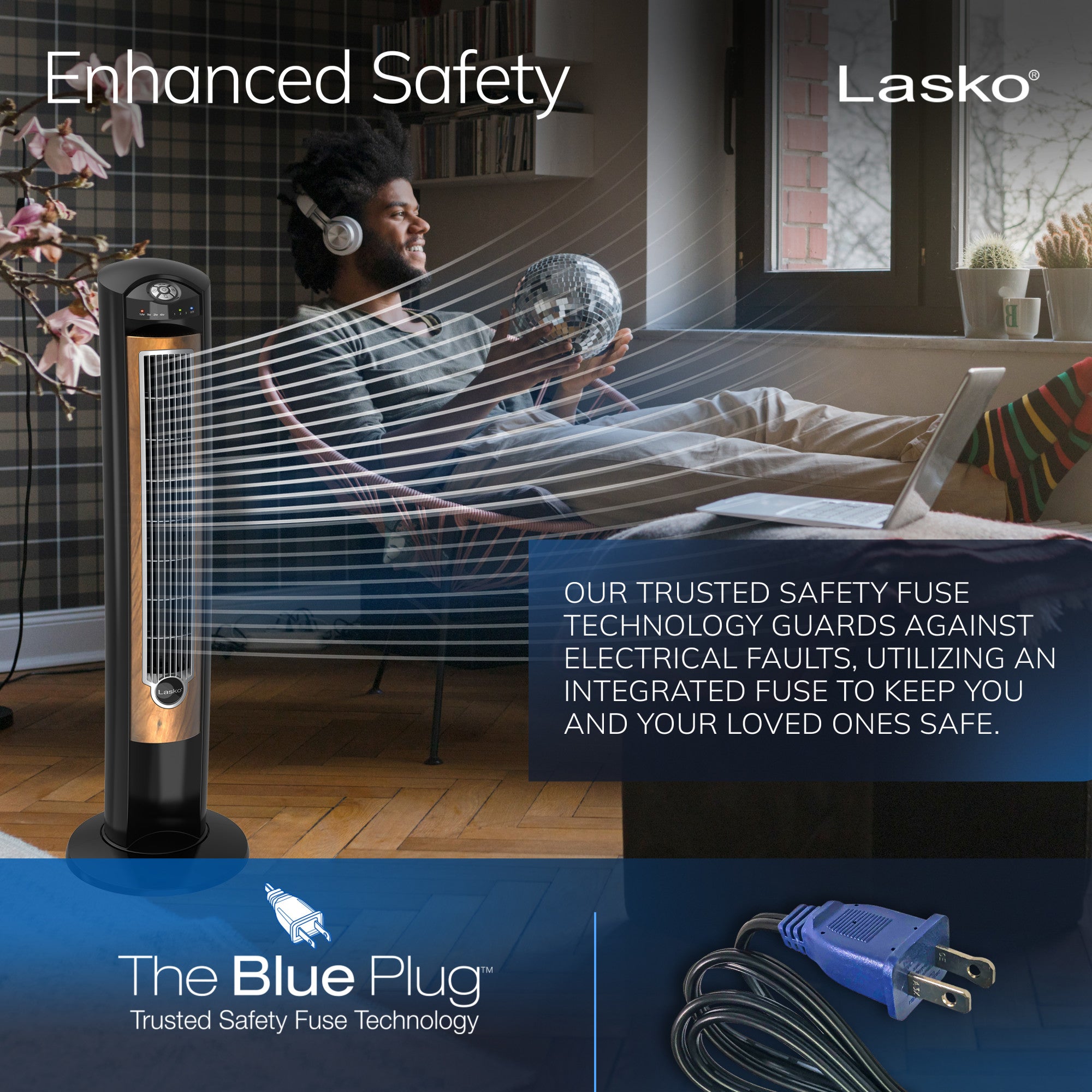 Lasko 42" Wind Curve 3-Speed Tower Fan with Fresh Air Ionizer and Remote, T42950, Black/Woodgrain - Image 6