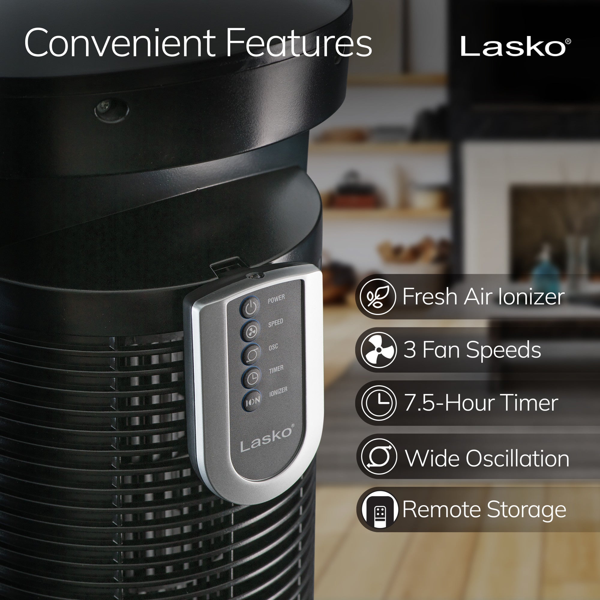 Lasko 42" Wind Curve 3-Speed Tower Fan with Fresh Air Ionizer and Remote, T42950, Black/Woodgrain - Image 4